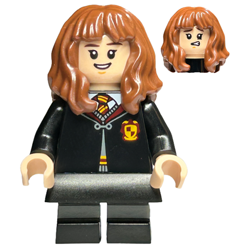 LEGO Harry Potter Hermione Granger - Gryffindor Robe Clasped, Black Skirt, Black Short Legs with Dark Bluish Gray 