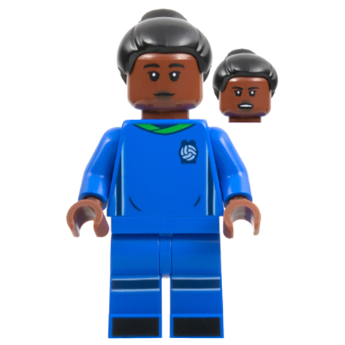 LEGO Ideas Soccer Player, Female, Blue Uniform, Reddish Brown Skin, Black Bun