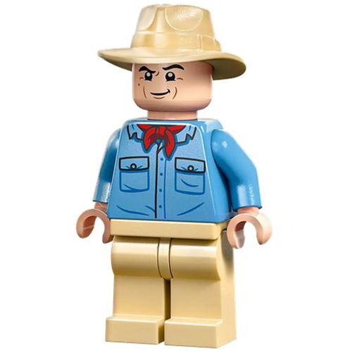 LEGO Jurassic World Dr. Alan Grant - Medium Blue Shirt with Pockets with Black Buttons Outline, Tan Fedora