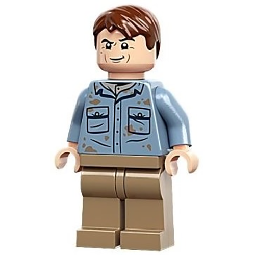LEGO Jurassic World Dr. Alan Grant - Sand Blue Shirt with Pockets and Dirt Stains, Reddish Brown Hair
